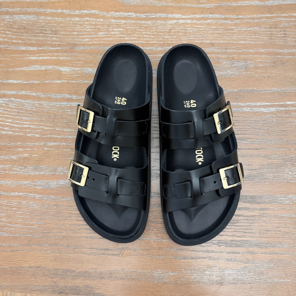 Birkenstock Black Flats with Gold Buckles 40